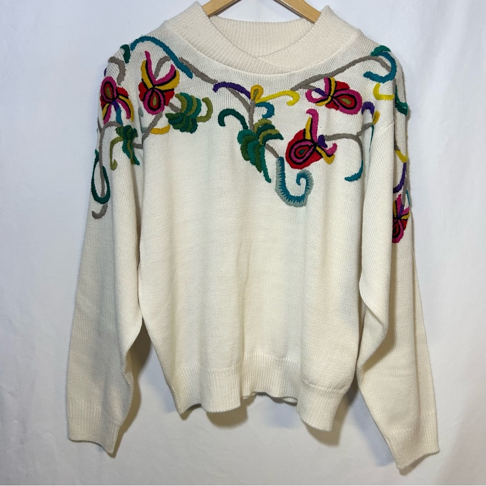 Premiere Editions VTG Sweater Floral Embroidered Size XL 80’s 90’s Ivory retro